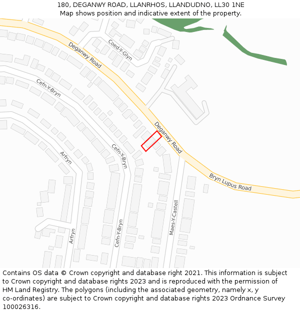 180, DEGANWY ROAD, LLANRHOS, LLANDUDNO, LL30 1NE: Location map and indicative extent of plot