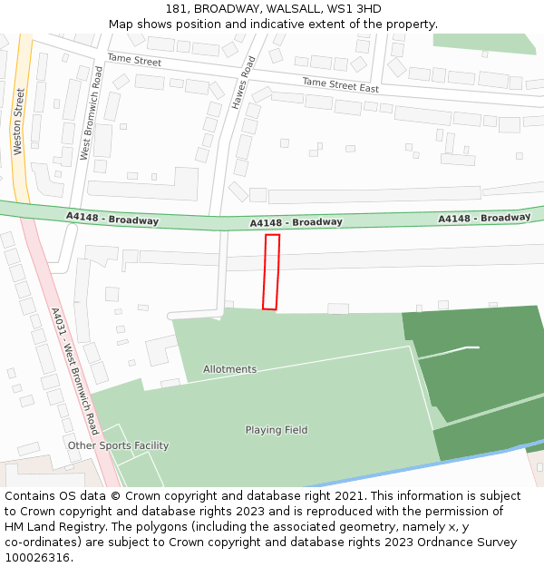 181, BROADWAY, WALSALL, WS1 3HD: Location map and indicative extent of plot