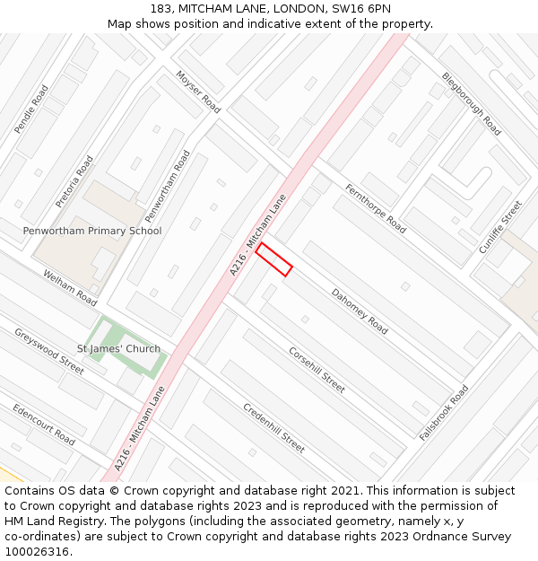 183, MITCHAM LANE, LONDON, SW16 6PN: Location map and indicative extent of plot