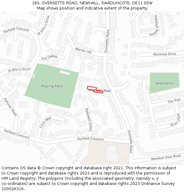 183, OVERSETTS ROAD, NEWHALL, SWADLINCOTE, DE11 0SW: Location map and indicative extent of plot