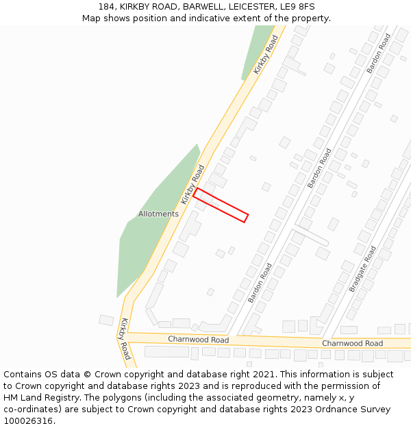 184, KIRKBY ROAD, BARWELL, LEICESTER, LE9 8FS: Location map and indicative extent of plot