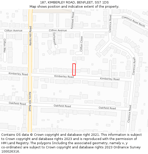 187, KIMBERLEY ROAD, BENFLEET, SS7 1DS: Location map and indicative extent of plot