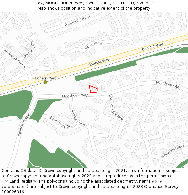 187, MOORTHORPE WAY, OWLTHORPE, SHEFFIELD, S20 6PB: Location map and indicative extent of plot