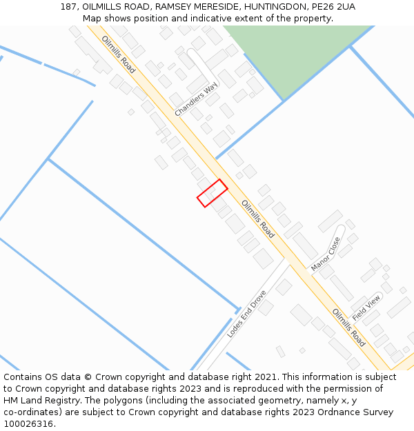 187, OILMILLS ROAD, RAMSEY MERESIDE, HUNTINGDON, PE26 2UA: Location map and indicative extent of plot