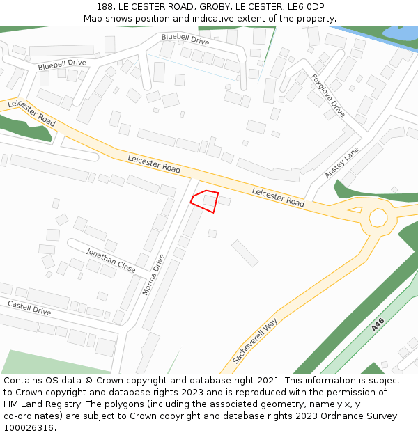 188, LEICESTER ROAD, GROBY, LEICESTER, LE6 0DP: Location map and indicative extent of plot