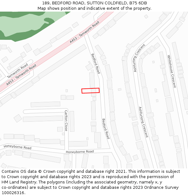 189, BEDFORD ROAD, SUTTON COLDFIELD, B75 6DB: Location map and indicative extent of plot