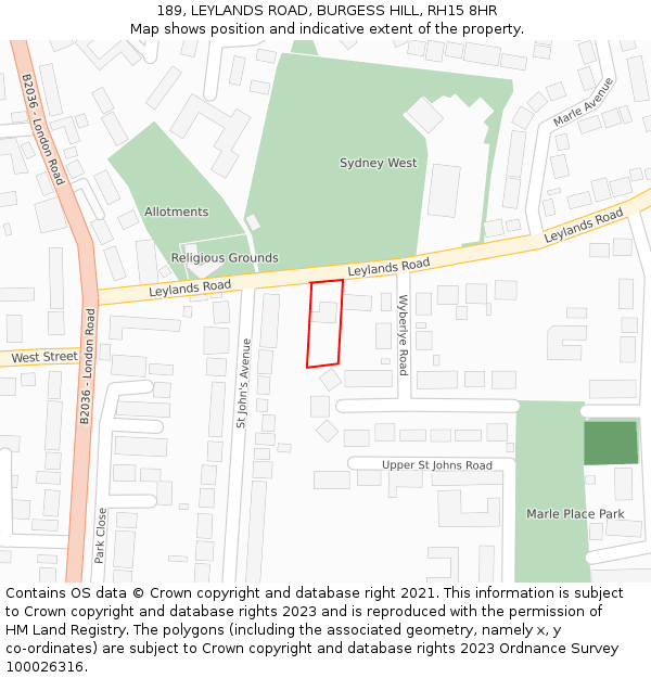 189, LEYLANDS ROAD, BURGESS HILL, RH15 8HR: Location map and indicative extent of plot