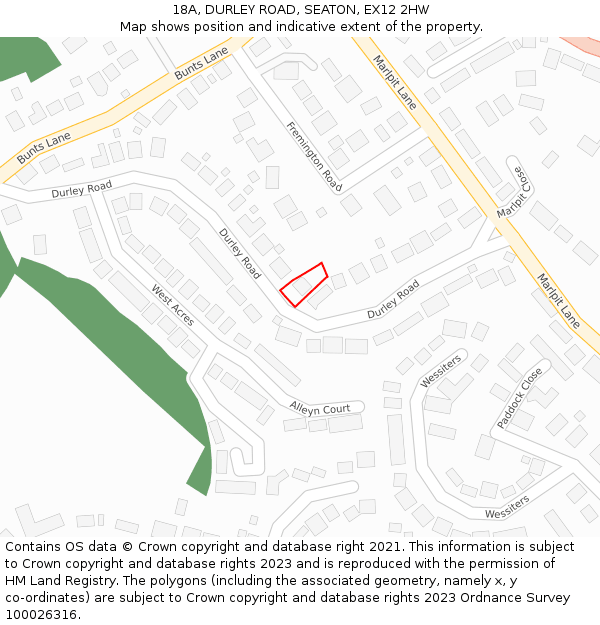 18A, DURLEY ROAD, SEATON, EX12 2HW: Location map and indicative extent of plot