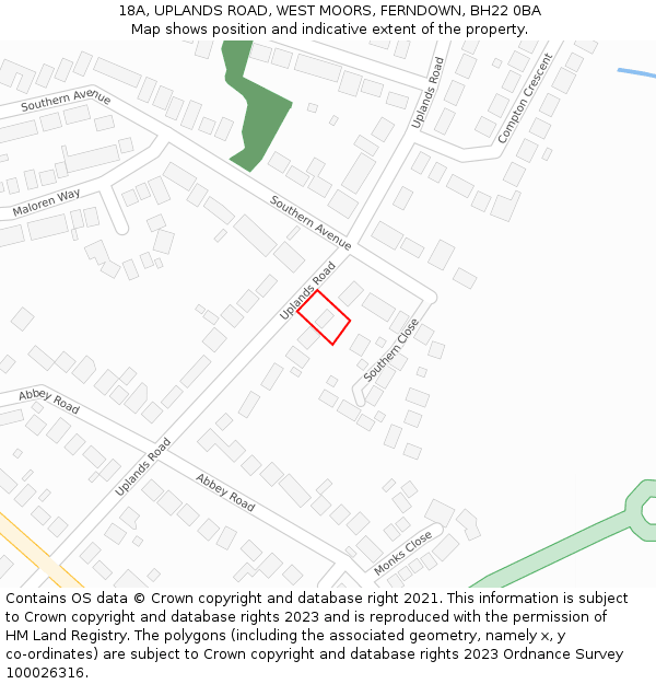 18A, UPLANDS ROAD, WEST MOORS, FERNDOWN, BH22 0BA: Location map and indicative extent of plot