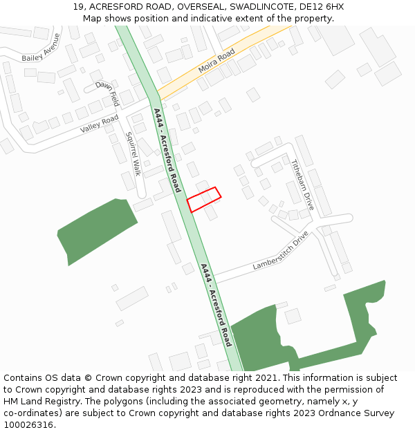 19, ACRESFORD ROAD, OVERSEAL, SWADLINCOTE, DE12 6HX: Location map and indicative extent of plot