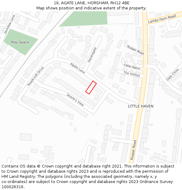 19, AGATE LANE, HORSHAM, RH12 4BE: Location map and indicative extent of plot