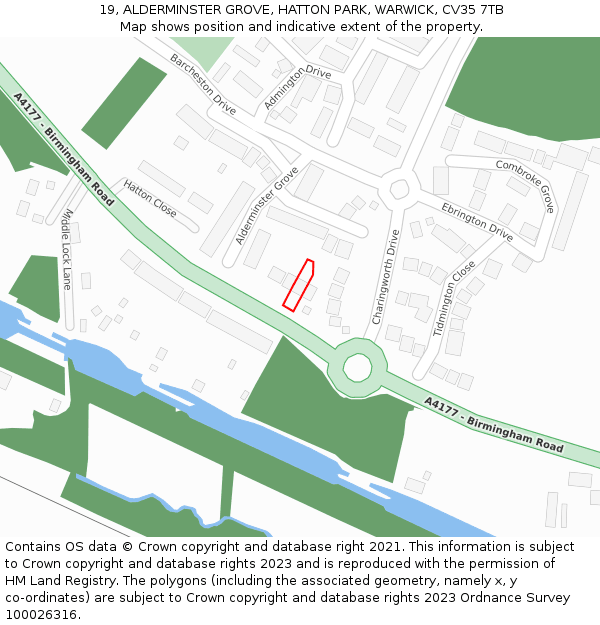 19, ALDERMINSTER GROVE, HATTON PARK, WARWICK, CV35 7TB: Location map and indicative extent of plot