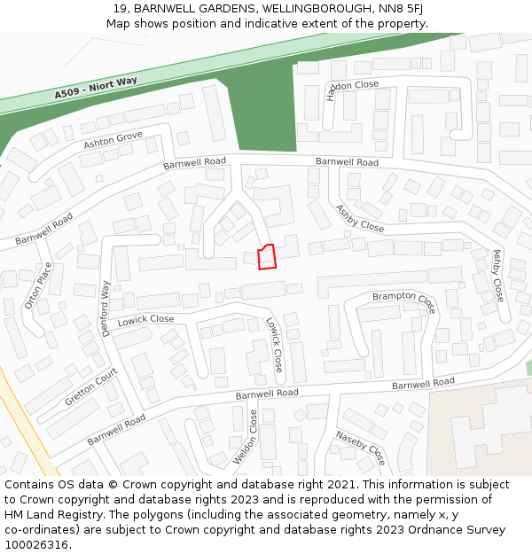 19, BARNWELL GARDENS, WELLINGBOROUGH, NN8 5FJ: Location map and indicative extent of plot