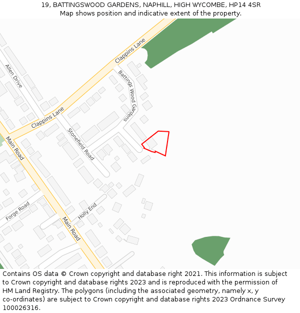 19, BATTINGSWOOD GARDENS, NAPHILL, HIGH WYCOMBE, HP14 4SR: Location map and indicative extent of plot