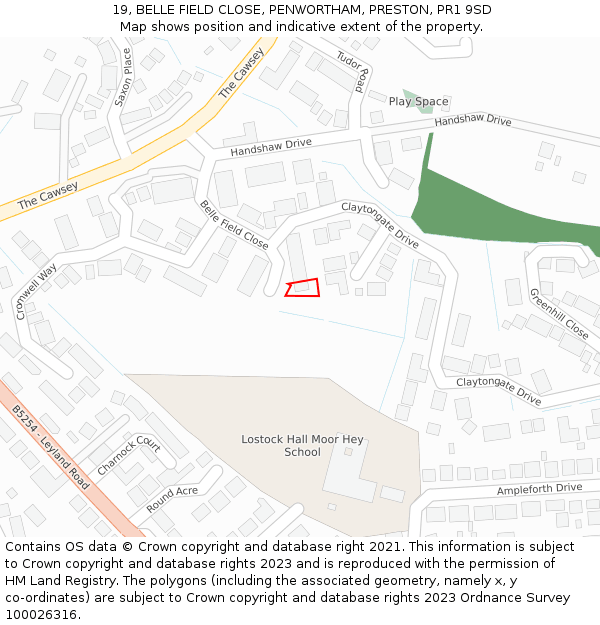 19, BELLE FIELD CLOSE, PENWORTHAM, PRESTON, PR1 9SD: Location map and indicative extent of plot