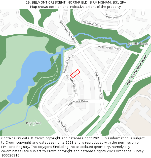 19, BELMONT CRESCENT, NORTHFIELD, BIRMINGHAM, B31 2FH: Location map and indicative extent of plot