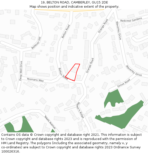 19, BELTON ROAD, CAMBERLEY, GU15 2DE: Location map and indicative extent of plot