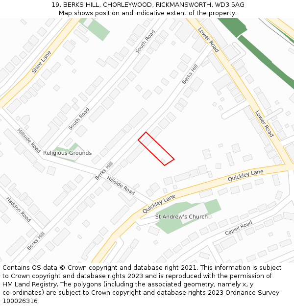 19, BERKS HILL, CHORLEYWOOD, RICKMANSWORTH, WD3 5AG: Location map and indicative extent of plot