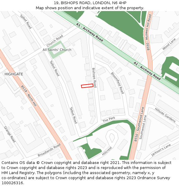 19, BISHOPS ROAD, LONDON, N6 4HP: Location map and indicative extent of plot