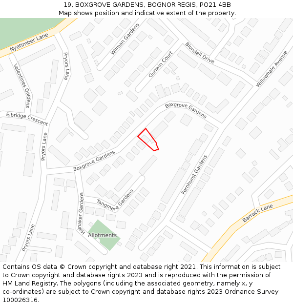 19, BOXGROVE GARDENS, BOGNOR REGIS, PO21 4BB: Location map and indicative extent of plot