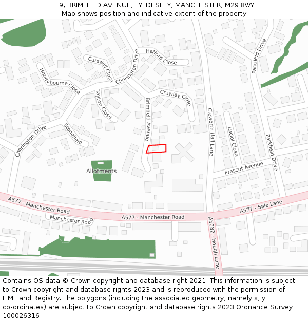 19, BRIMFIELD AVENUE, TYLDESLEY, MANCHESTER, M29 8WY: Location map and indicative extent of plot