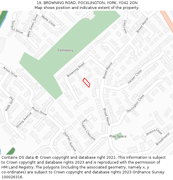 19, BROWNING ROAD, POCKLINGTON, YORK, YO42 2GN: Location map and indicative extent of plot