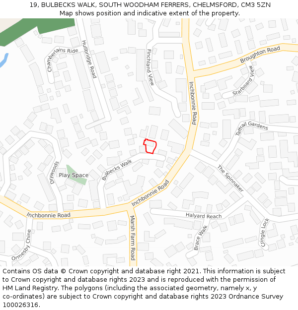 19, BULBECKS WALK, SOUTH WOODHAM FERRERS, CHELMSFORD, CM3 5ZN: Location map and indicative extent of plot