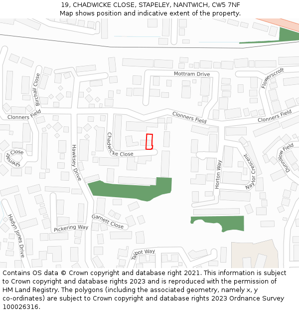 19, CHADWICKE CLOSE, STAPELEY, NANTWICH, CW5 7NF: Location map and indicative extent of plot