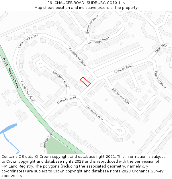 19, CHAUCER ROAD, SUDBURY, CO10 1LN: Location map and indicative extent of plot