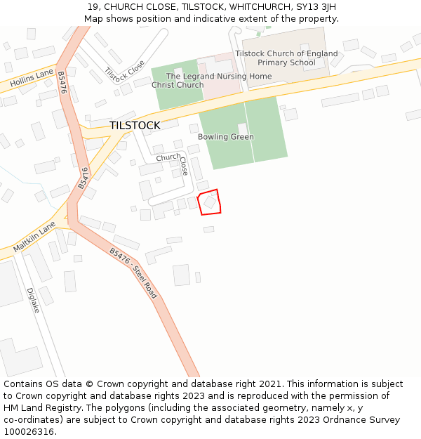 19, CHURCH CLOSE, TILSTOCK, WHITCHURCH, SY13 3JH: Location map and indicative extent of plot