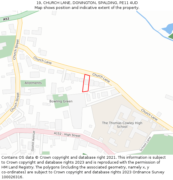 19, CHURCH LANE, DONINGTON, SPALDING, PE11 4UD: Location map and indicative extent of plot