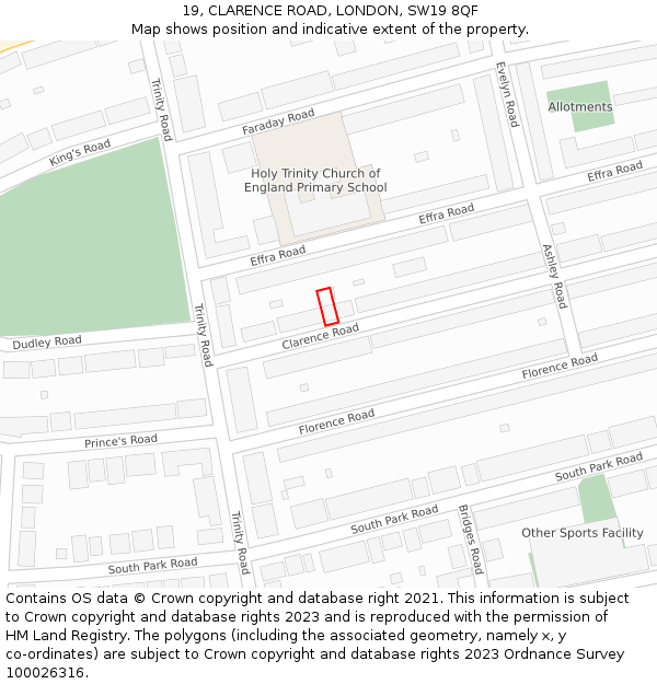 19, CLARENCE ROAD, LONDON, SW19 8QF: Location map and indicative extent of plot