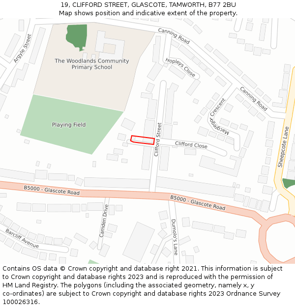 19, CLIFFORD STREET, GLASCOTE, TAMWORTH, B77 2BU: Location map and indicative extent of plot