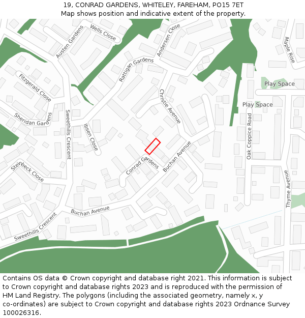 19, CONRAD GARDENS, WHITELEY, FAREHAM, PO15 7ET: Location map and indicative extent of plot