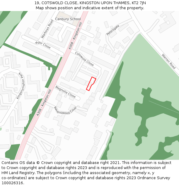 19, COTSWOLD CLOSE, KINGSTON UPON THAMES, KT2 7JN: Location map and indicative extent of plot