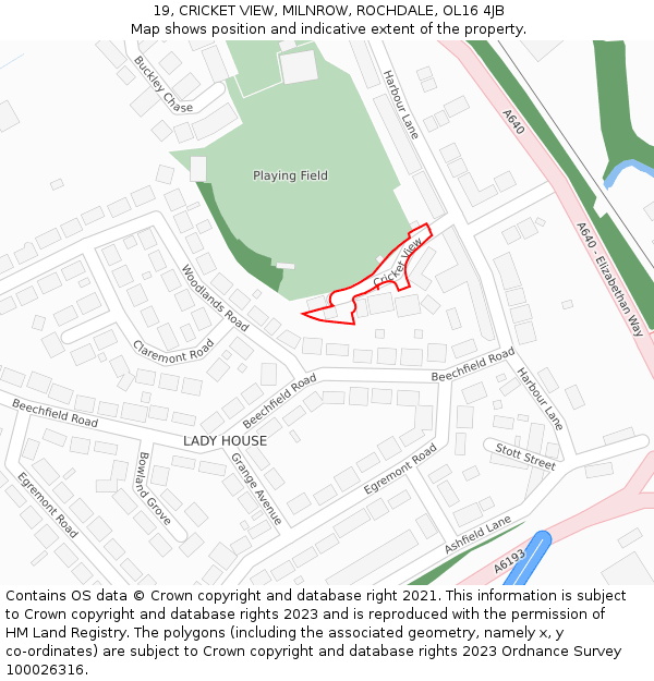 19, CRICKET VIEW, MILNROW, ROCHDALE, OL16 4JB: Location map and indicative extent of plot