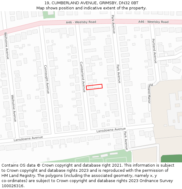 19, CUMBERLAND AVENUE, GRIMSBY, DN32 0BT: Location map and indicative extent of plot