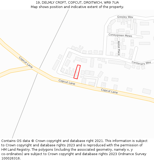 19, DELMLY CROFT, COPCUT, DROITWICH, WR9 7UA: Location map and indicative extent of plot