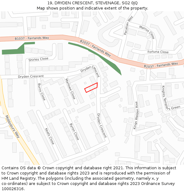 19, DRYDEN CRESCENT, STEVENAGE, SG2 0JQ: Location map and indicative extent of plot