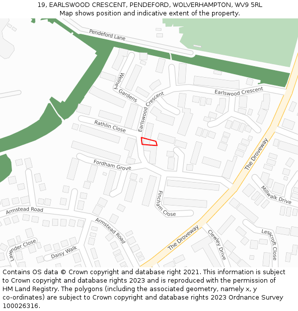 19, EARLSWOOD CRESCENT, PENDEFORD, WOLVERHAMPTON, WV9 5RL: Location map and indicative extent of plot