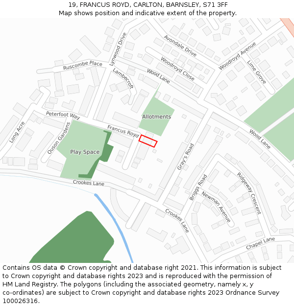 19, FRANCUS ROYD, CARLTON, BARNSLEY, S71 3FF: Location map and indicative extent of plot