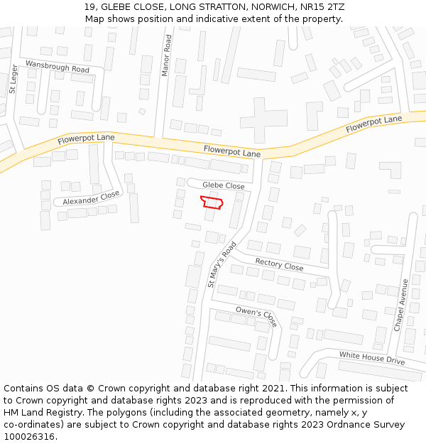 19, GLEBE CLOSE, LONG STRATTON, NORWICH, NR15 2TZ: Location map and indicative extent of plot