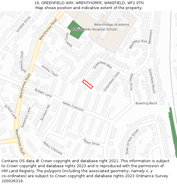 19, GREENFIELD WAY, WRENTHORPE, WAKEFIELD, WF2 0TN: Location map and indicative extent of plot