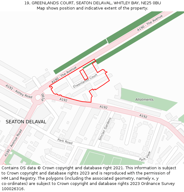 19, GREENLANDS COURT, SEATON DELAVAL, WHITLEY BAY, NE25 0BU: Location map and indicative extent of plot