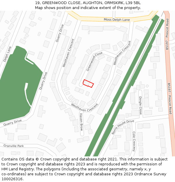 19, GREENWOOD CLOSE, AUGHTON, ORMSKIRK, L39 5BL: Location map and indicative extent of plot