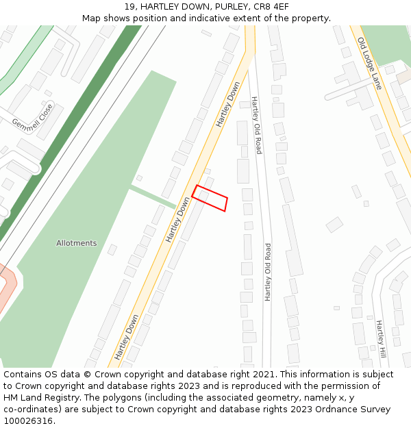 19, HARTLEY DOWN, PURLEY, CR8 4EF: Location map and indicative extent of plot