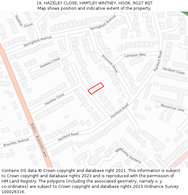 19, HAZELEY CLOSE, HARTLEY WINTNEY, HOOK, RG27 8QT: Location map and indicative extent of plot
