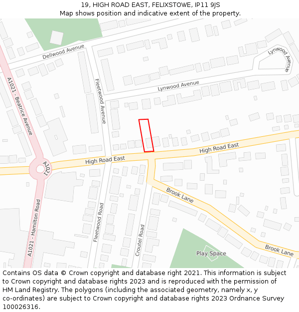 19, HIGH ROAD EAST, FELIXSTOWE, IP11 9JS: Location map and indicative extent of plot