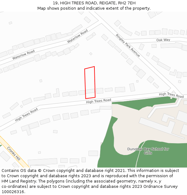 19, HIGH TREES ROAD, REIGATE, RH2 7EH: Location map and indicative extent of plot