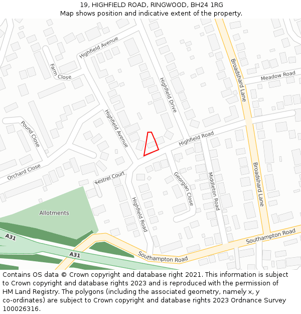 19, HIGHFIELD ROAD, RINGWOOD, BH24 1RG: Location map and indicative extent of plot